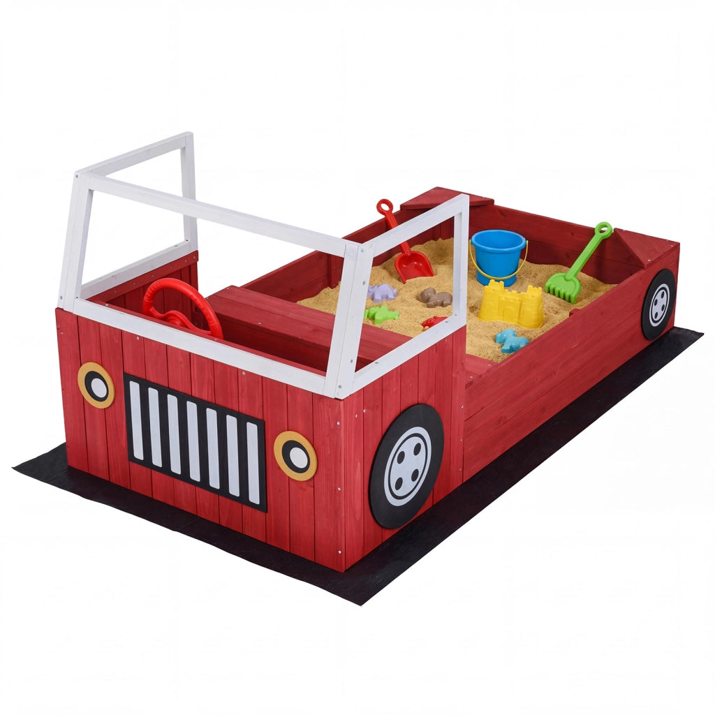 Sabbiera per bambini in legno massello con panca e sedile senza fondo fodera inclusa forma di autopompa, Sabbionaia da esterno Rosso