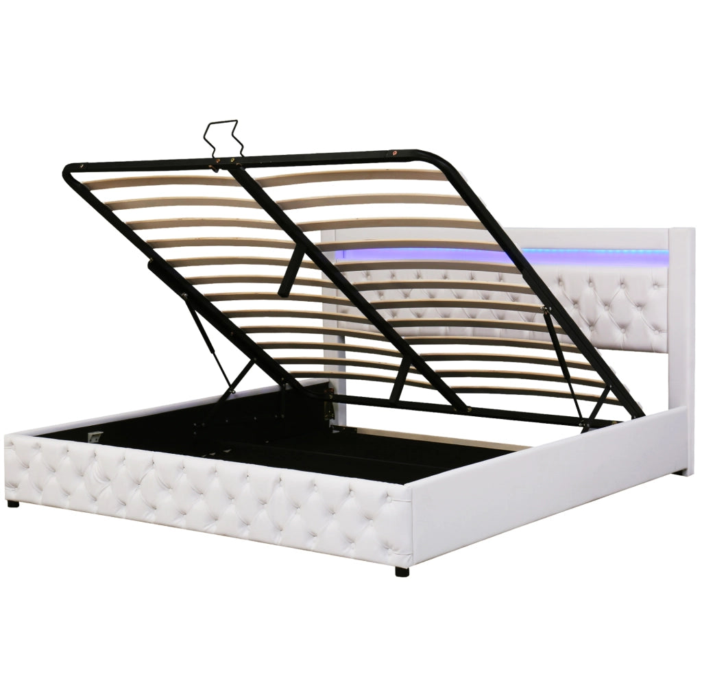 Letto imbottito matrimoniale 180x200 cm in PU bianco con contenitore e LED
