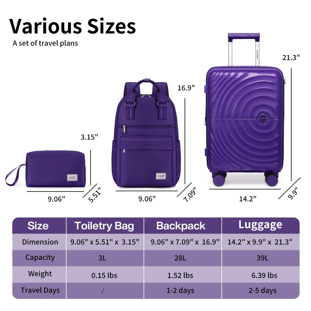 Set di valigie leggere da 3 pezzi, bagaglio a mano espandibile in PP da 20 pollici con ruote, colore viola uva.