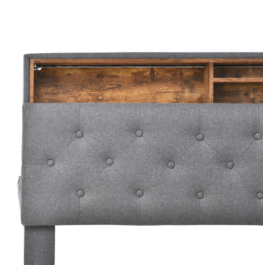 Letto matrimoniale imbottito con testiera contenitore e illuminazione LED, grigio