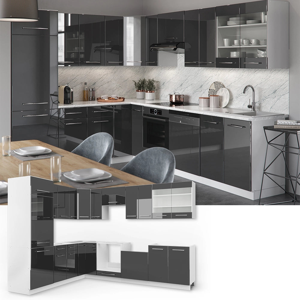 Cucina angolare completa Fame-Line Antracite lucido/Bianco 287 x 227 cm, PL Marmo Vicco