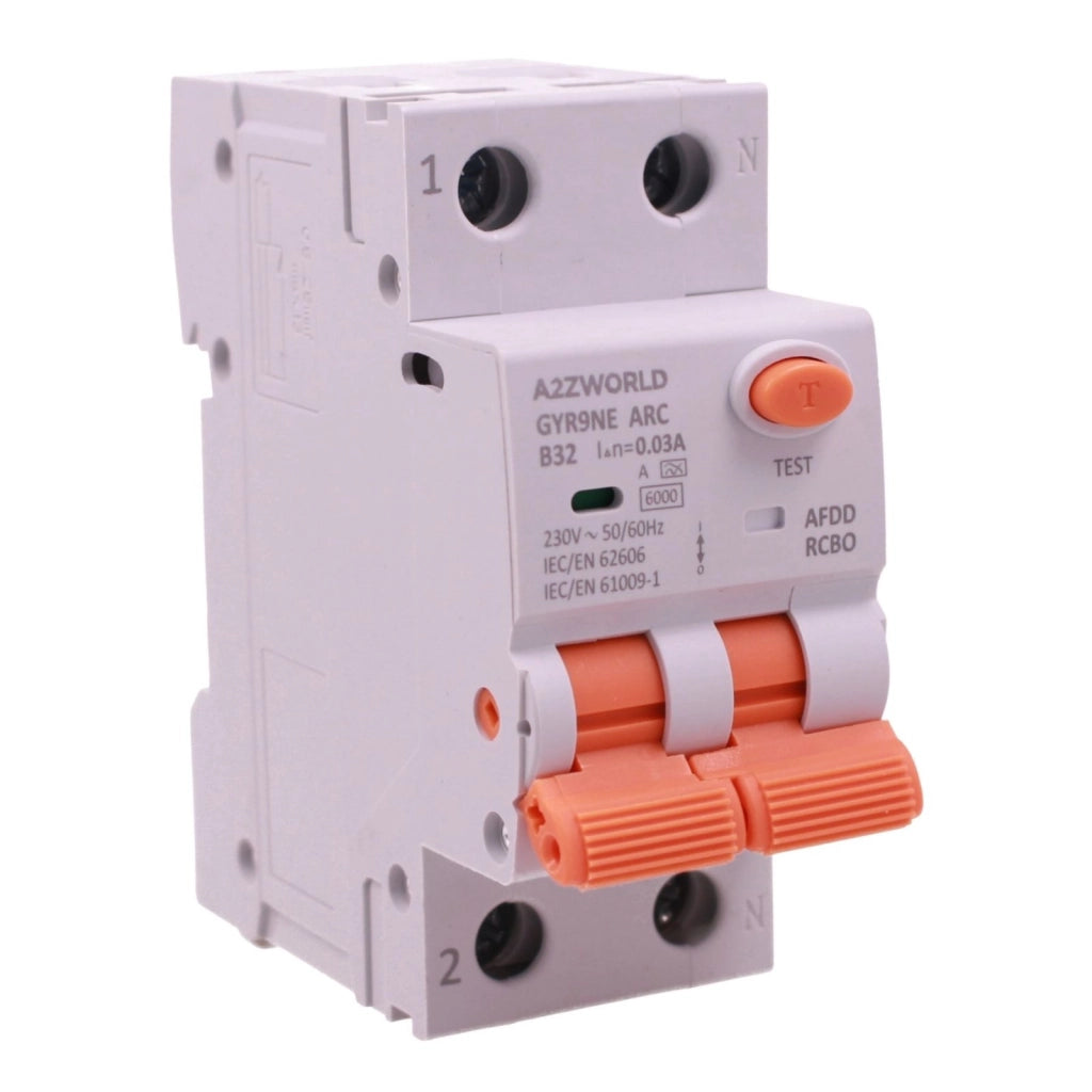 A2ZWORLD AFDD RCBO Interruttore Antincendio, Magnetotermico Differenziale con Rilevamento di Arco Elettrico, Tipo A Curva B, 1P+N 2M 6000A 30mA, AC 220V Doppia Leva GYR9NE-ARC (B32A)