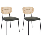 Set di 2 sedie da pranzo Rivestimento in poliestere verde scuro Schienale in rattan naturale a treccia viennese Gambe in metallo nero Sgabelli senza braccioli