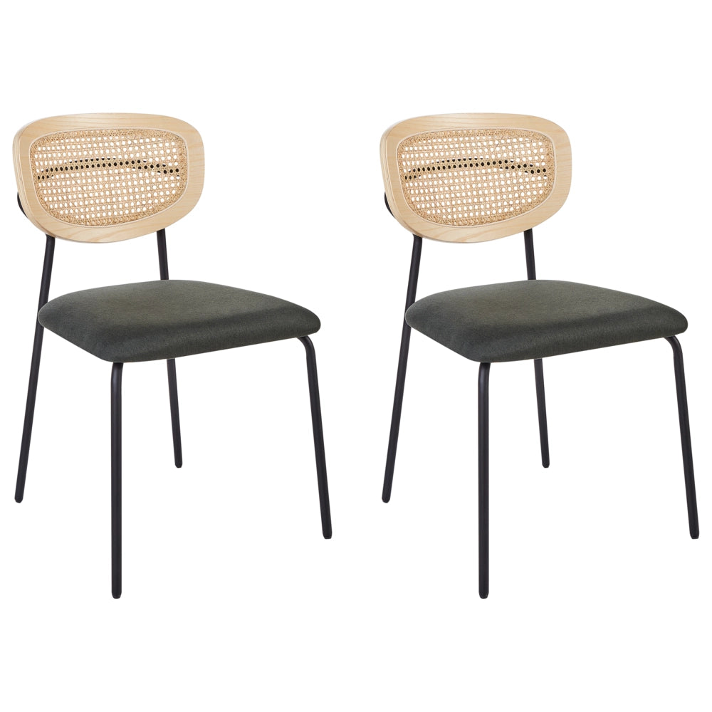 Set di 2 sedie da pranzo Rivestimento in poliestere verde scuro Schienale in rattan naturale a treccia viennese Gambe in metallo nero Sgabelli senza braccioli
