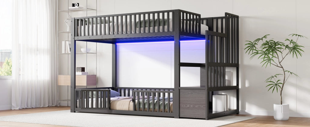 Letto a castello con contenitore e LED nero MDF metallo 90x200 cm