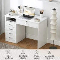 Scrivania per Camera o Ufficio in Legno con 2 Cassetti e 2 Chiavi, 110x50x76cm - Bianco