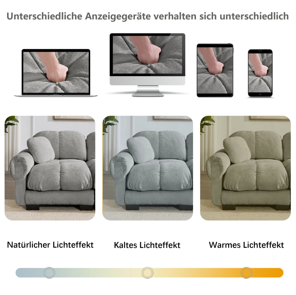 Divano modulare in chenille con cuciture trapuntate e cuscino mobile 330x86x90 cm; grigio chiaro