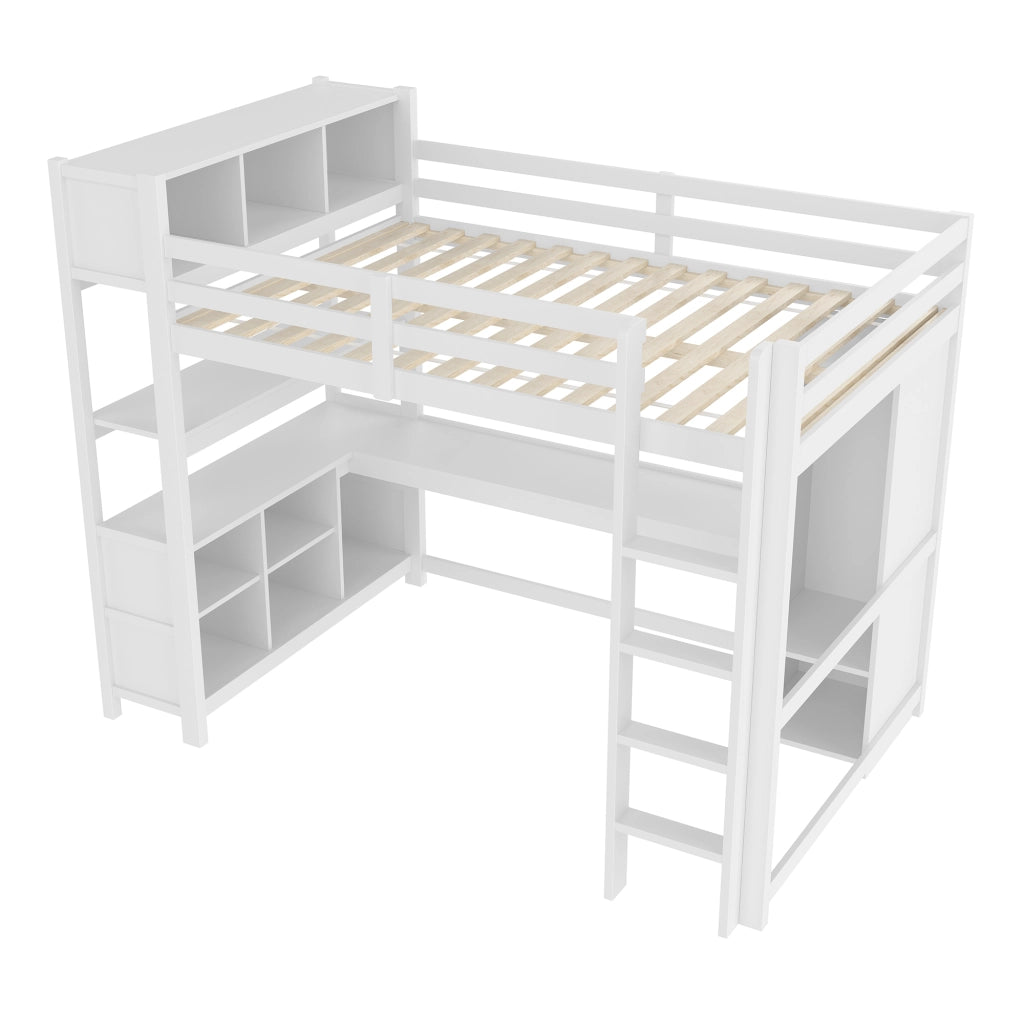 OKWISH Letto a soppalco 140×200 cm, Letto Matrimoniale con Scrivania, Armadio e Scaffali Contenitore, senza Materasso, in Pino, Bianco