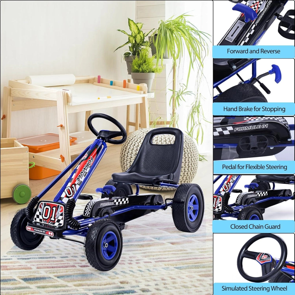 Go Kart a Pedali per Bambini, Macchina per Bambini con Sedili Regolabili in 2 Posizioni e 4 Ruote Antisdrucciolo, Carico 30 kg, per 3 Anni + (Blu, 101 X 61 X 62 CM)