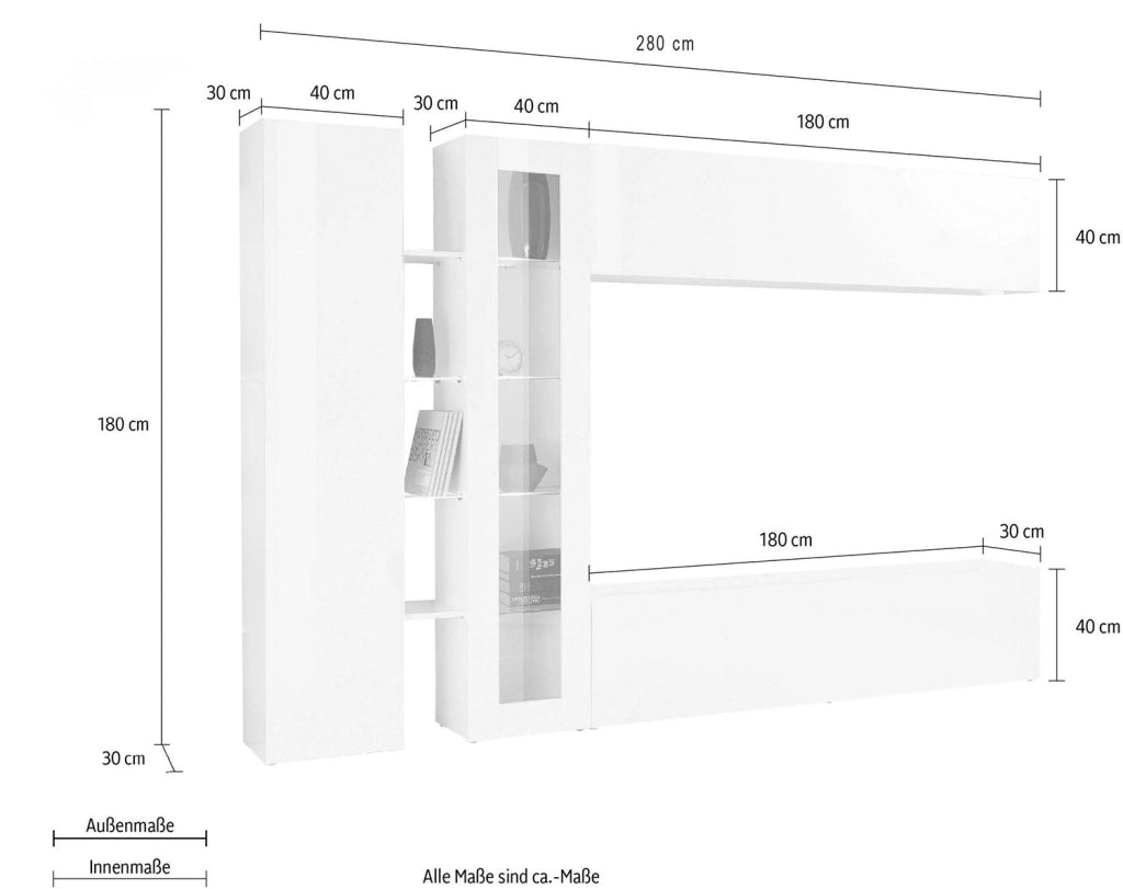 Parete Attrezzata Soggiorno 280x30x180 cm Maruska n°7 Bianco Lucido