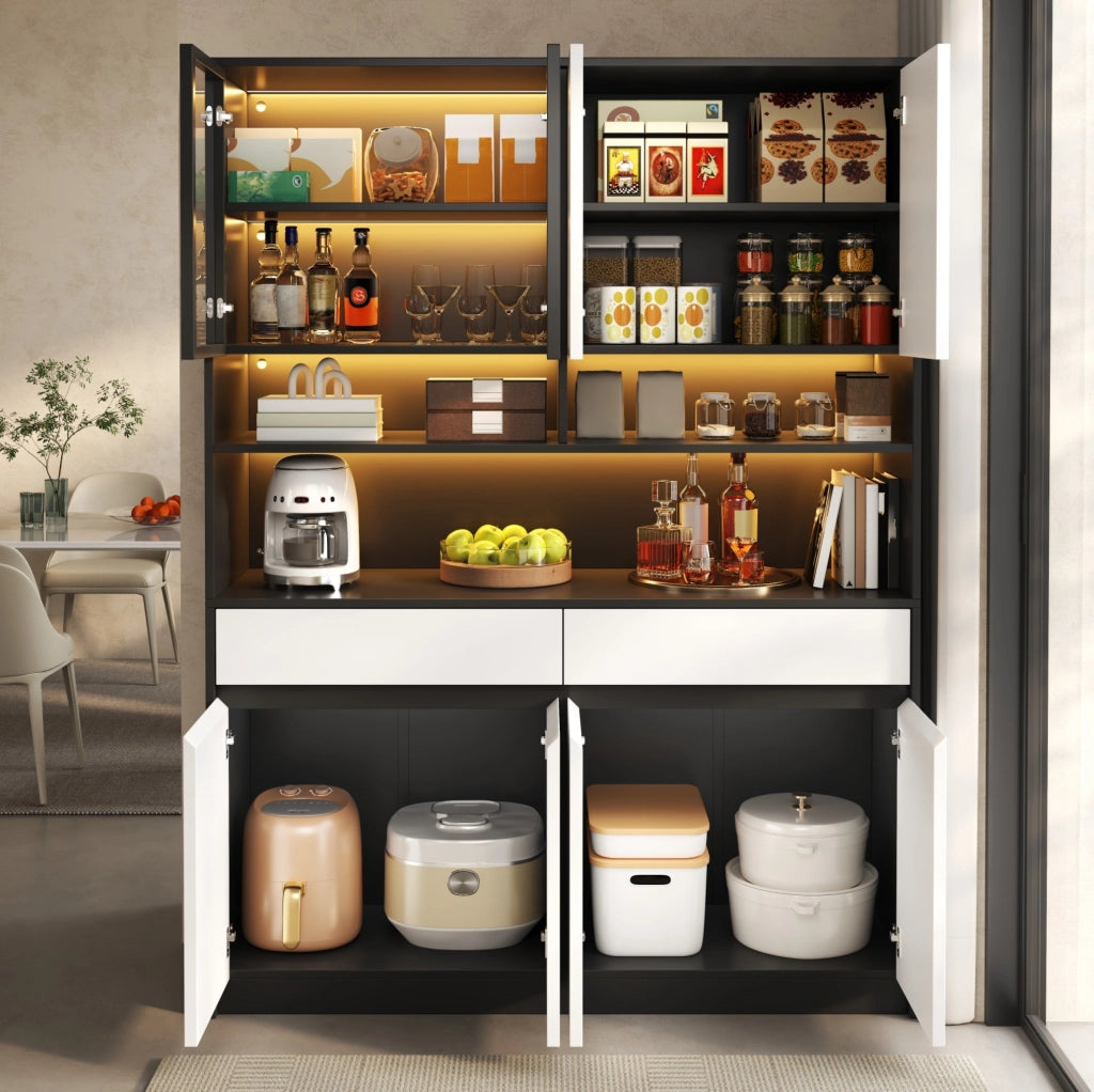 Armadio alto in MDF con 8 ante; 2 cassetti e illuminazione LED; nero e bianco