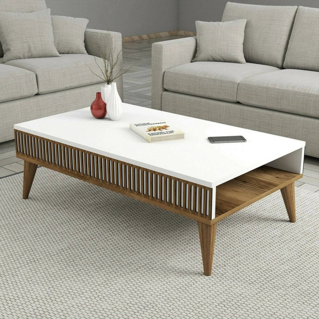 Tavolino da salotto Atrani, Tavolo basso da caffè, Portariviste per divano, Ripiano da soggiorno, 105x60h35 cm, Noce e Bianco