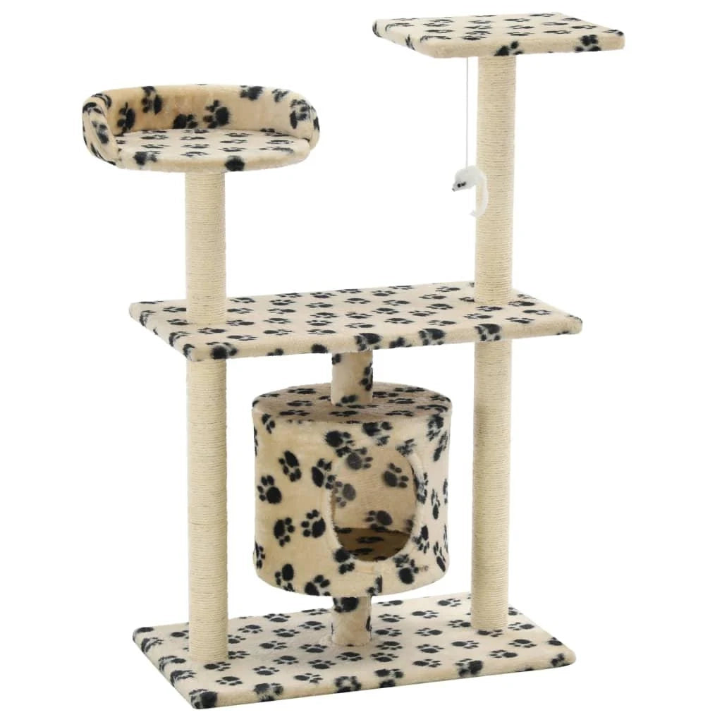 Tiragraffi albero per gatti cuccia per gatti peluche in sisal 95 cm beige con motivo a impronta di zampa 3702176