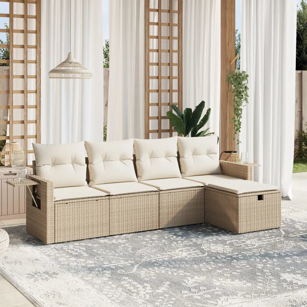 Set Divano da Giardino 5 pz con Cuscini Beige in Polyrattan