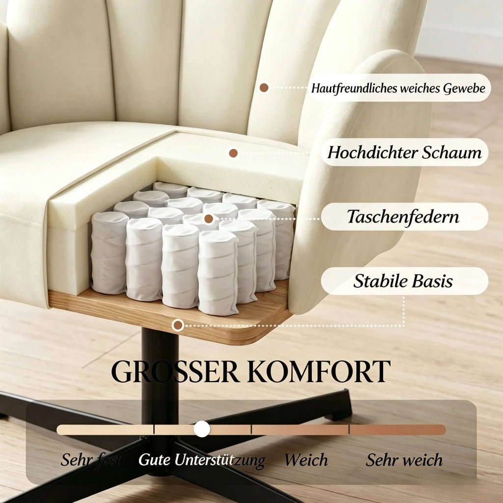 Poltrona girevole a conchiglia da salotto con schienale ergonomico e seduta imbottita in velluto beige e nero moderna