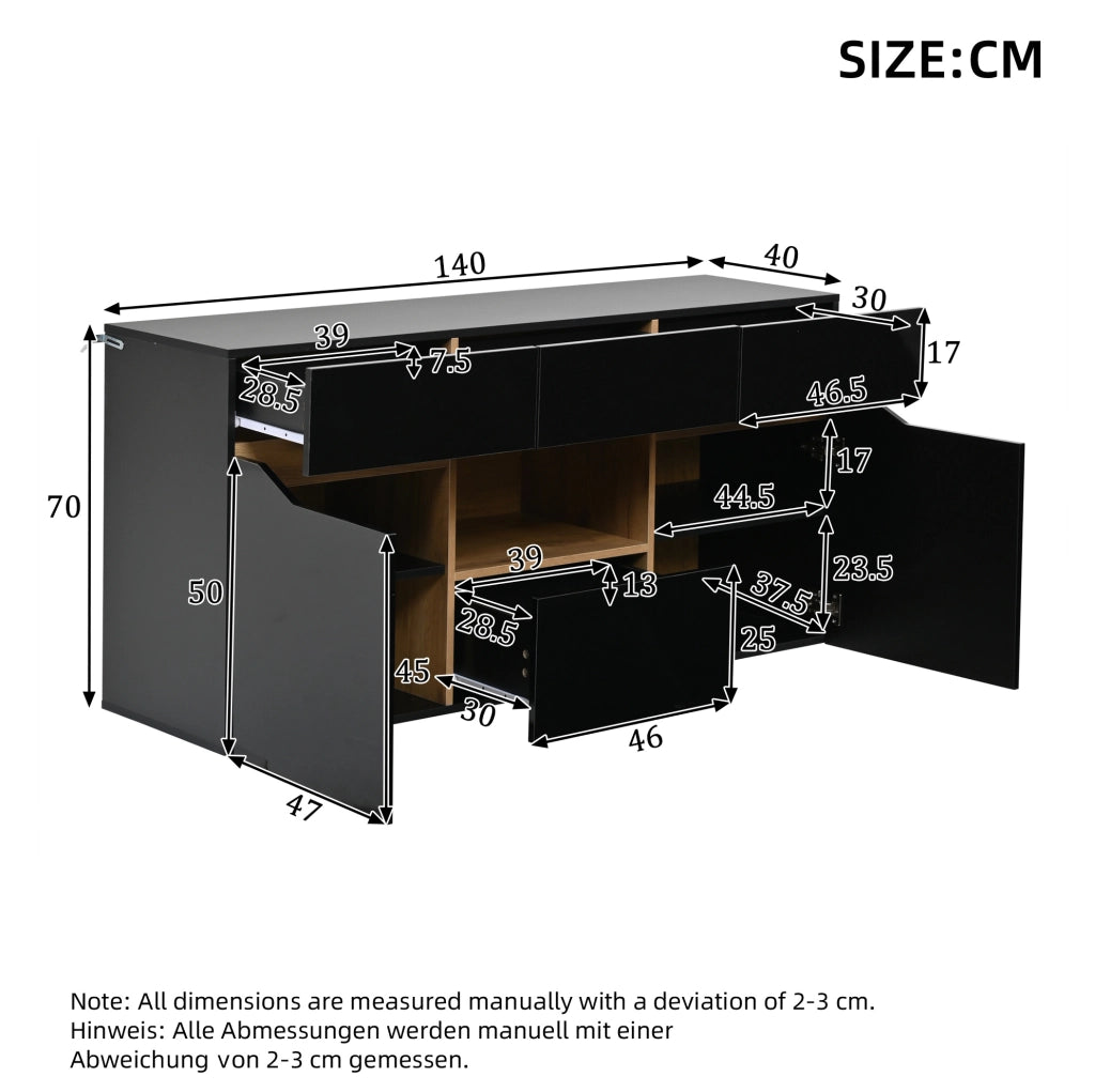 Credenza soggiorno con LED 140x40x70 cm; 4 cassetti e 2 ante in truciolare nero