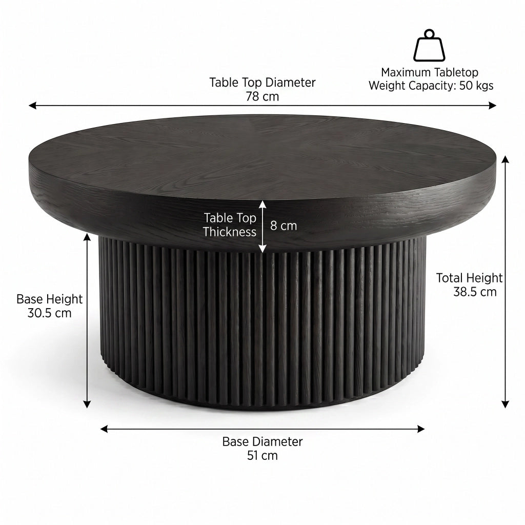 Tavolino basso rotondo con base cilindrica scanalata e piano effetto parquet, per soggiorno, in legno e MDF, nero, 78 cm
