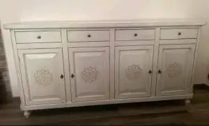 Credenza base napoletana Shabby chic 4 ante bianco anticato con decoro rosone