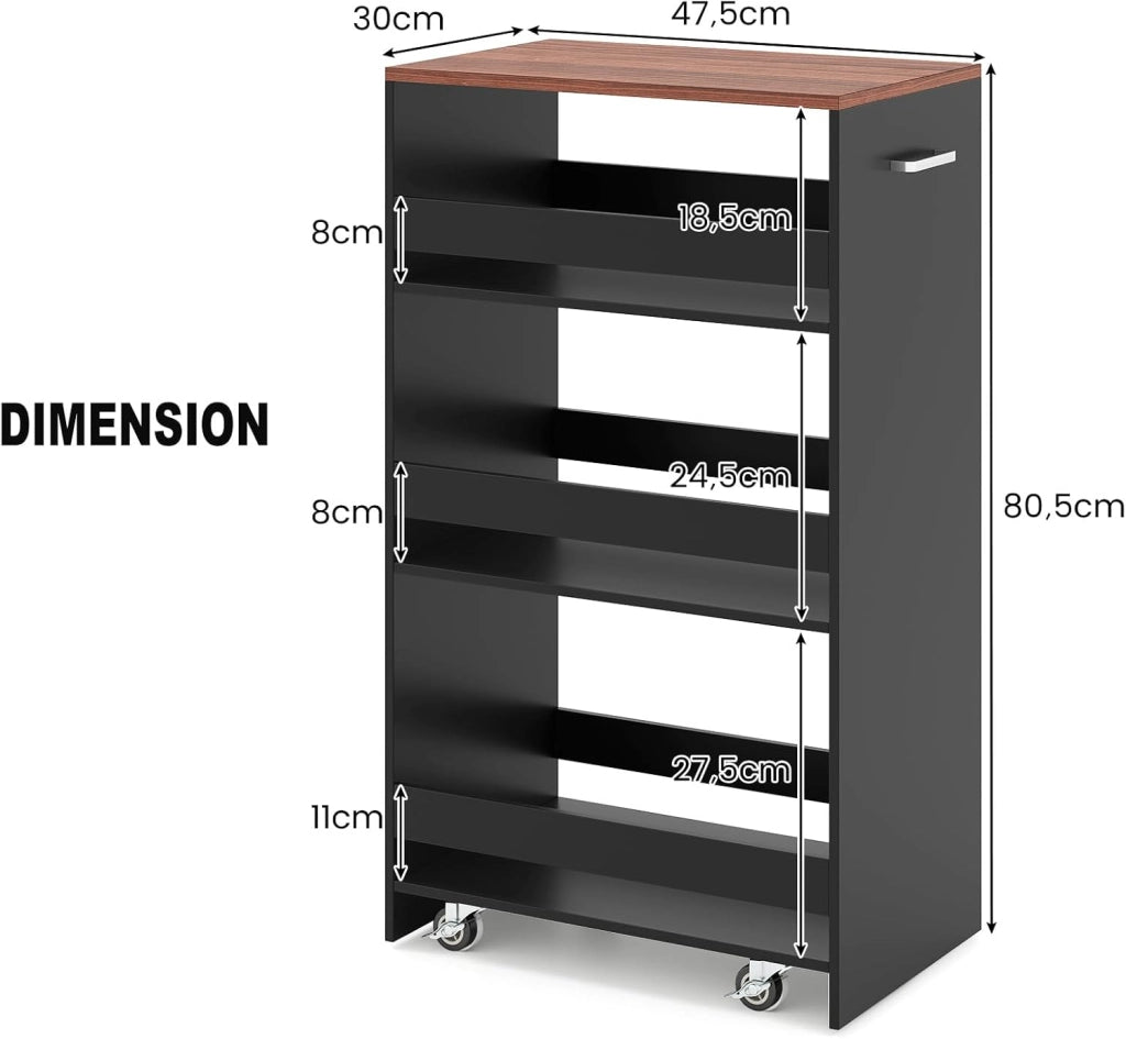 Carrello Portaoggetti a 4 Ripiani con Ruote Rirevoli a 360°, Carrellino Scorrevole con Maniglia Slim, da Bagno, Cucina, Lavanderia, 47,5 x 30 x 80,5 cm (Nero e Marrone)