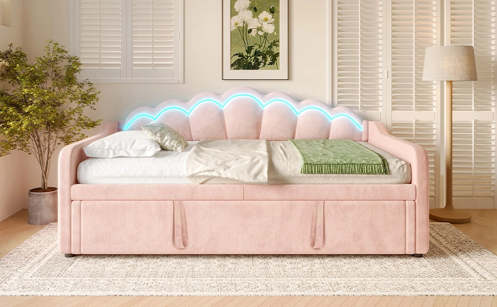 Letto estraibile 90 × 200 cm con secondo letto, LED regolabili, senza materasso, in velluto rosa