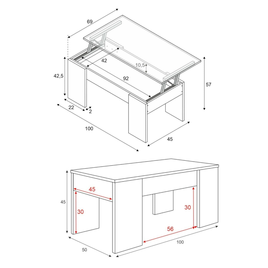 Tavolino da salotto Almas, Tavolino da caffè con piano elevabile, Tavolo basso da soggiorno, cm 100x50h45/56, Bianco e cemento