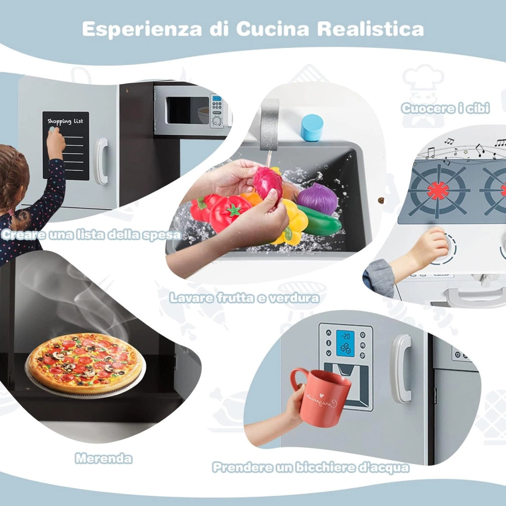 Cucina Giocattolo per Bambini con Frigorifero, Distributore d'acqua, Lavatrice, Forno, Microonde, Lavello e Rubinetto, Funzione Luci e Suoni, 3+ Anni