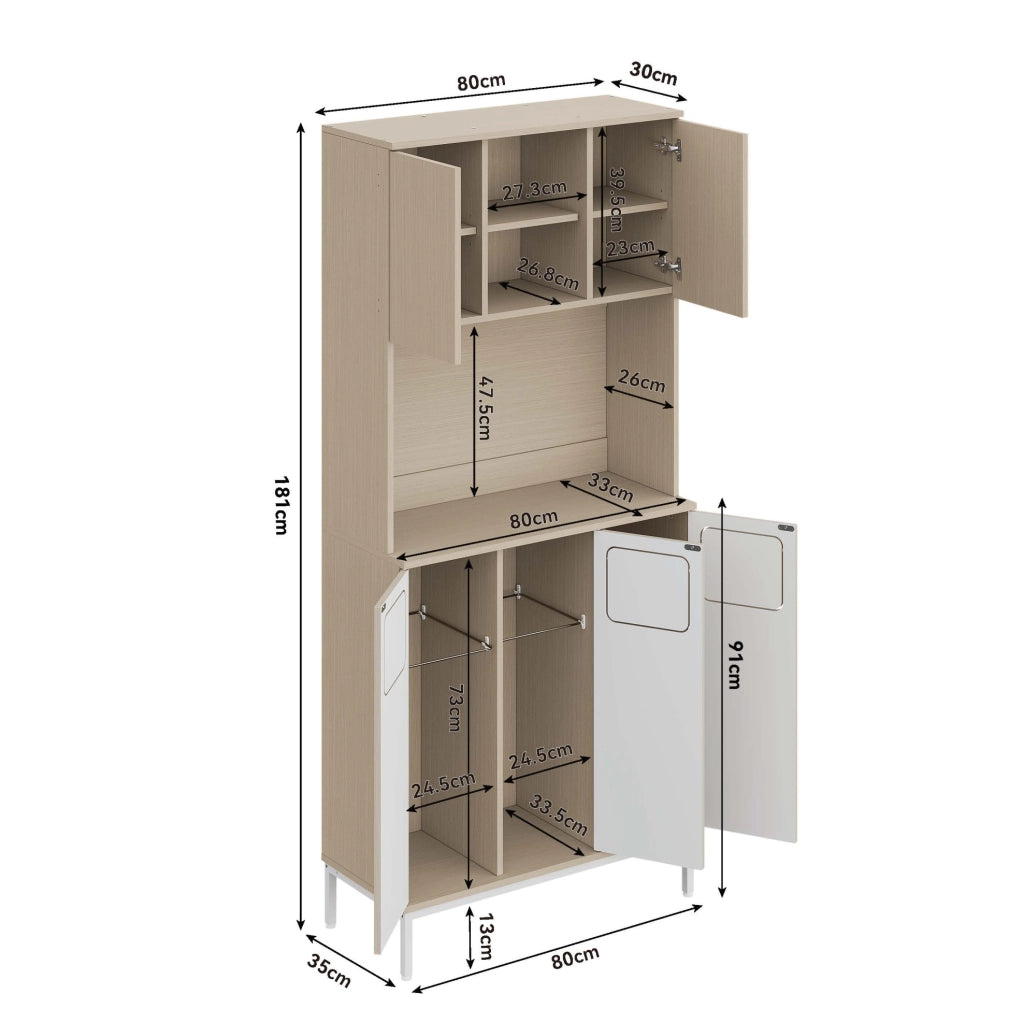 Armadio cucina 80x35x181 cm con vano microonde e spazio aspirapolvere; MDF; naturale e bianco