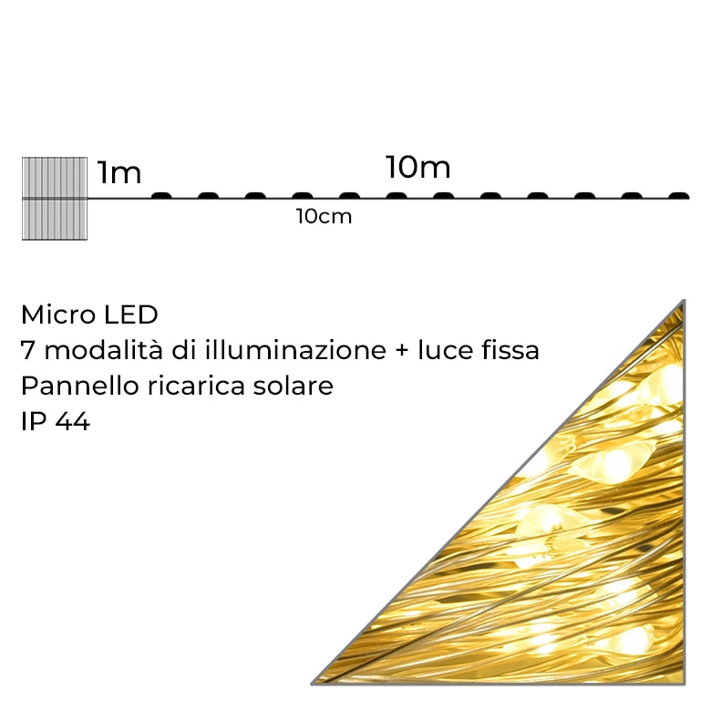 CATENA LUMINOSA RICARICA SOLARE 10 METRI CON 100 MICRO LED GIALLI - CAVO FLESSIBILE PER DECORAZIONI NATALIZIE GIARDINI E INTERNI