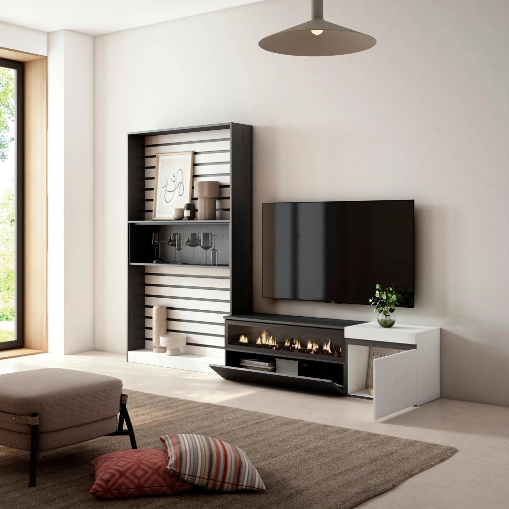Mobile TV, Soggiorno, 260x35x186cm, Per TV fino a 65", Camino elettrico, Bianco e nero RF2545