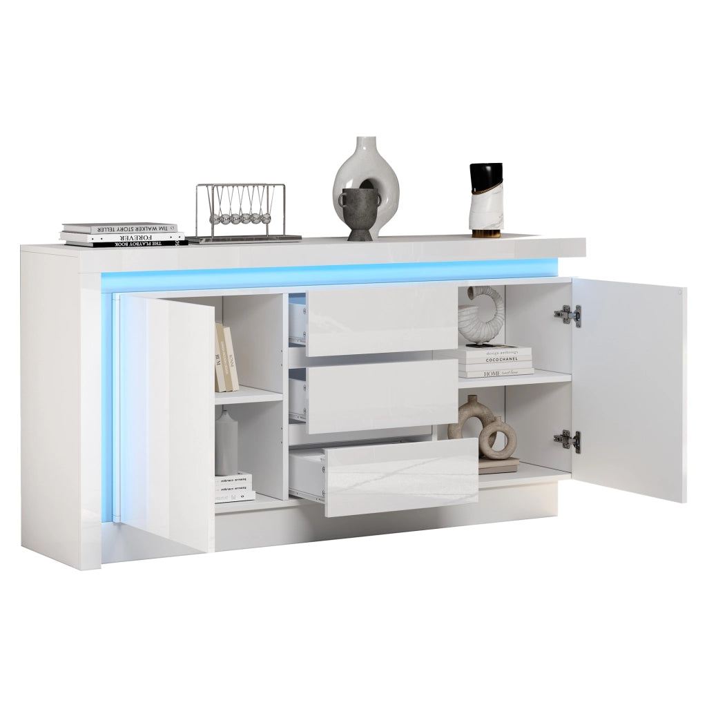 Credenza con 2 ante; 3 cassetti e LED - per soggiorno - 140×35×72 cm - bianco