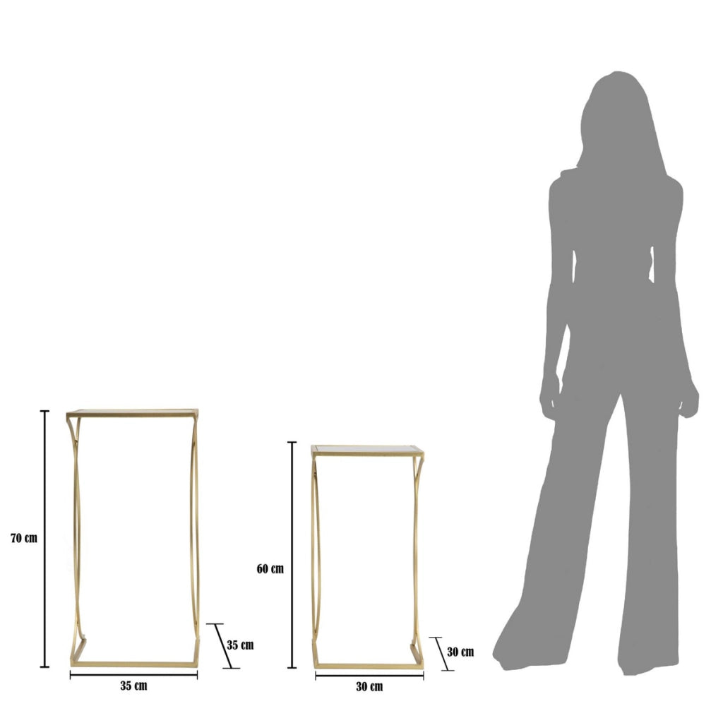 Coppia tavolinetti Simply quadrati in ferro, MDF e specchio gold – 35 x H 70 e 30 x H 60 cm