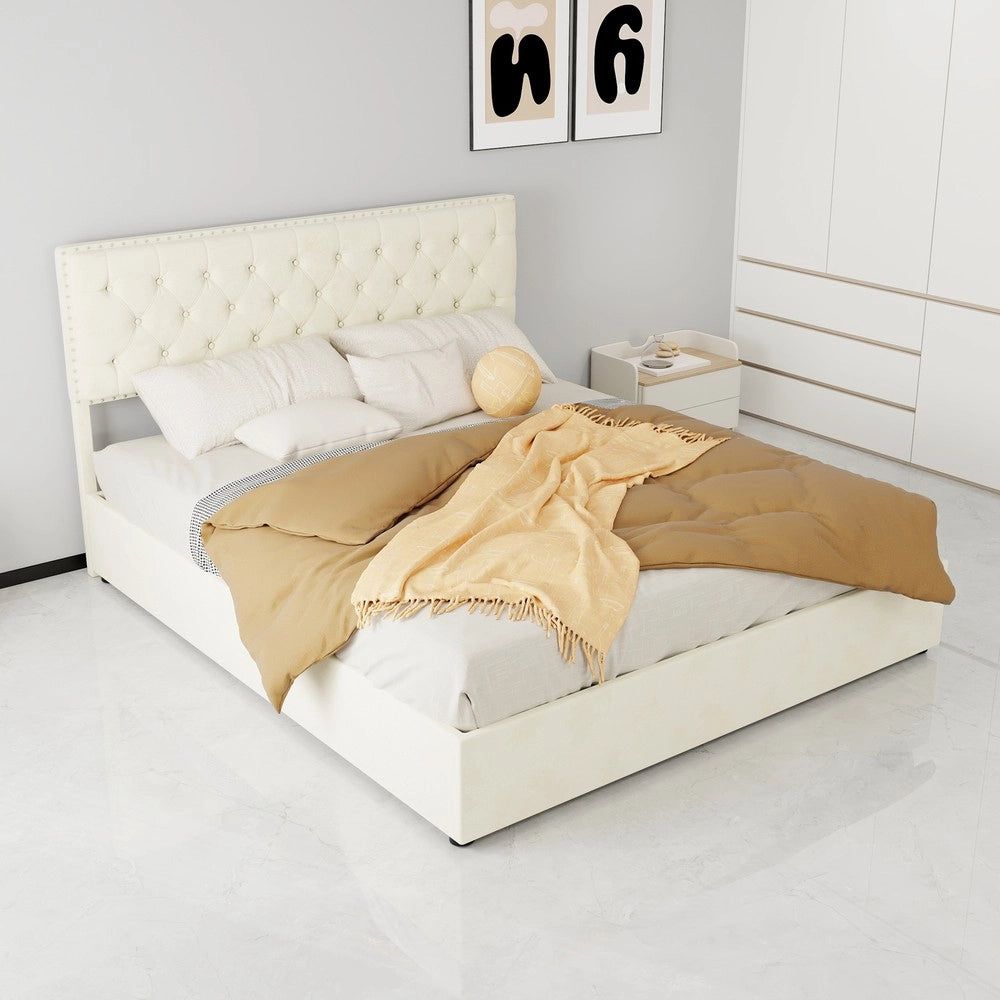 Letto Contenitore Imbottito con Materasso ¨C MINIMAL ¨C Velluto Beige 160x200