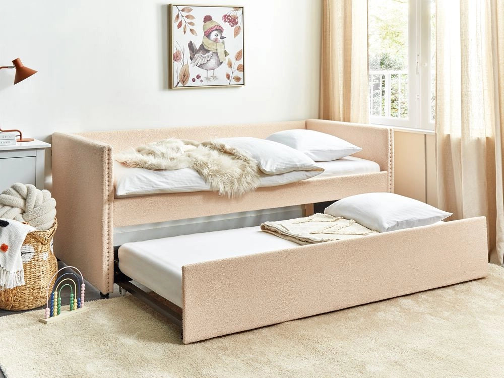 Letto estraibile 90 x 200 cm Bouclé Rosa Pesca Singolo doghe in legno Daybed Glamour Borchie decorative