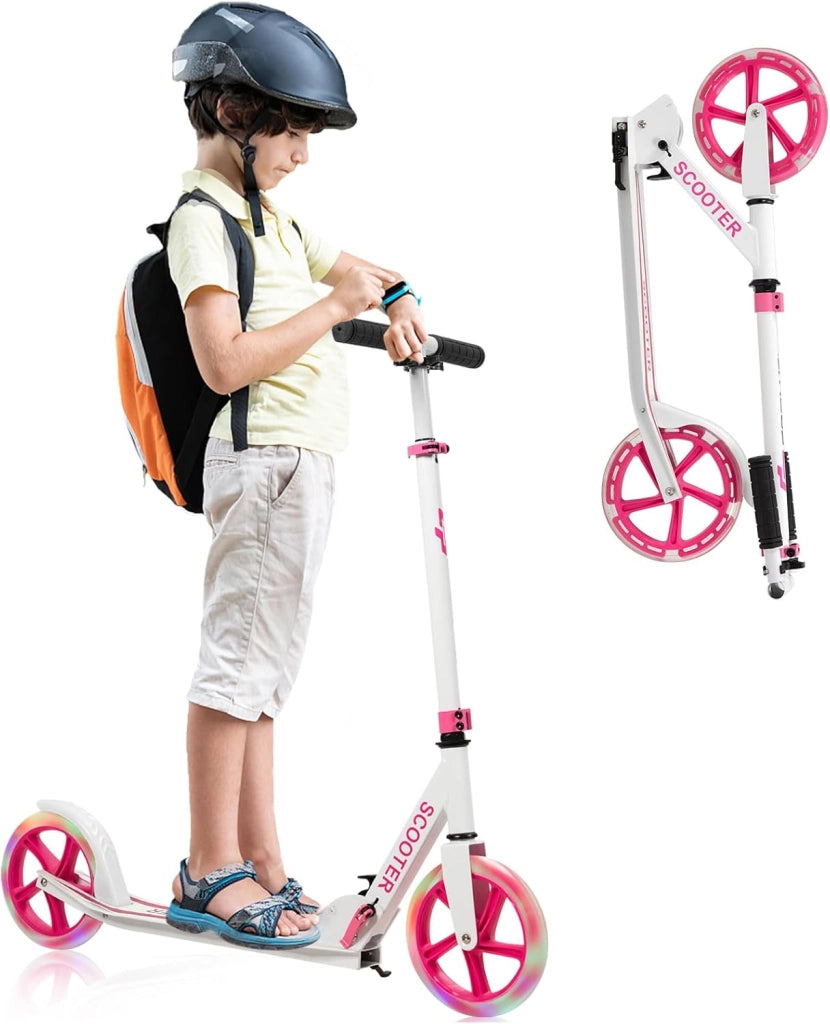 Monopattino Pieghevole per Bambini e Adulti Fino a 110kg, Manopattino a 2 Ruote Luminose con Freno, Scooter per Bambini con Manubrio Regolabile e Cinghia di Trasporto