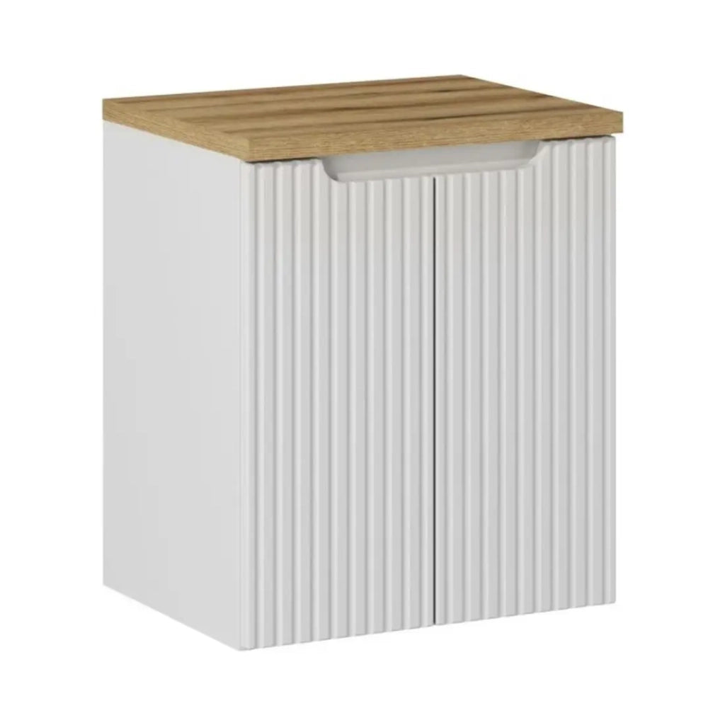 Set da bagno VANO bianco 50cm: mobile sotto lavabo con ante incise + piano per lavabo in aspetto rovere chiaro