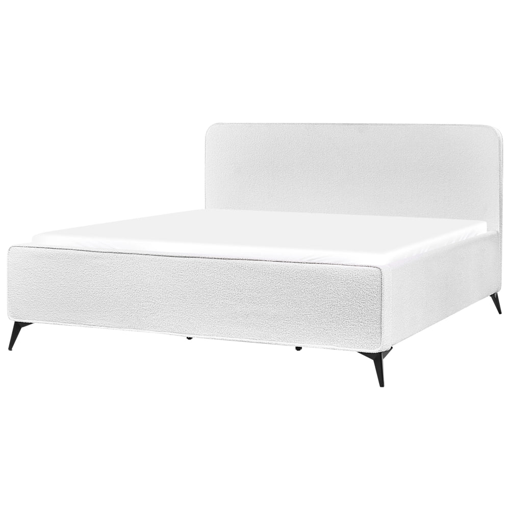 Letto matrimoniale imbottito in bouclé bianco sporco gambe in metallo nero 180x200 cm testiera stile classico minimalista