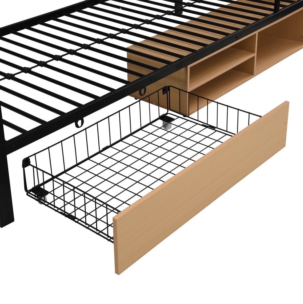Letto a castello 90x200 cm con doppio ripiano e contenitore in metallo e MDF nero e naturale