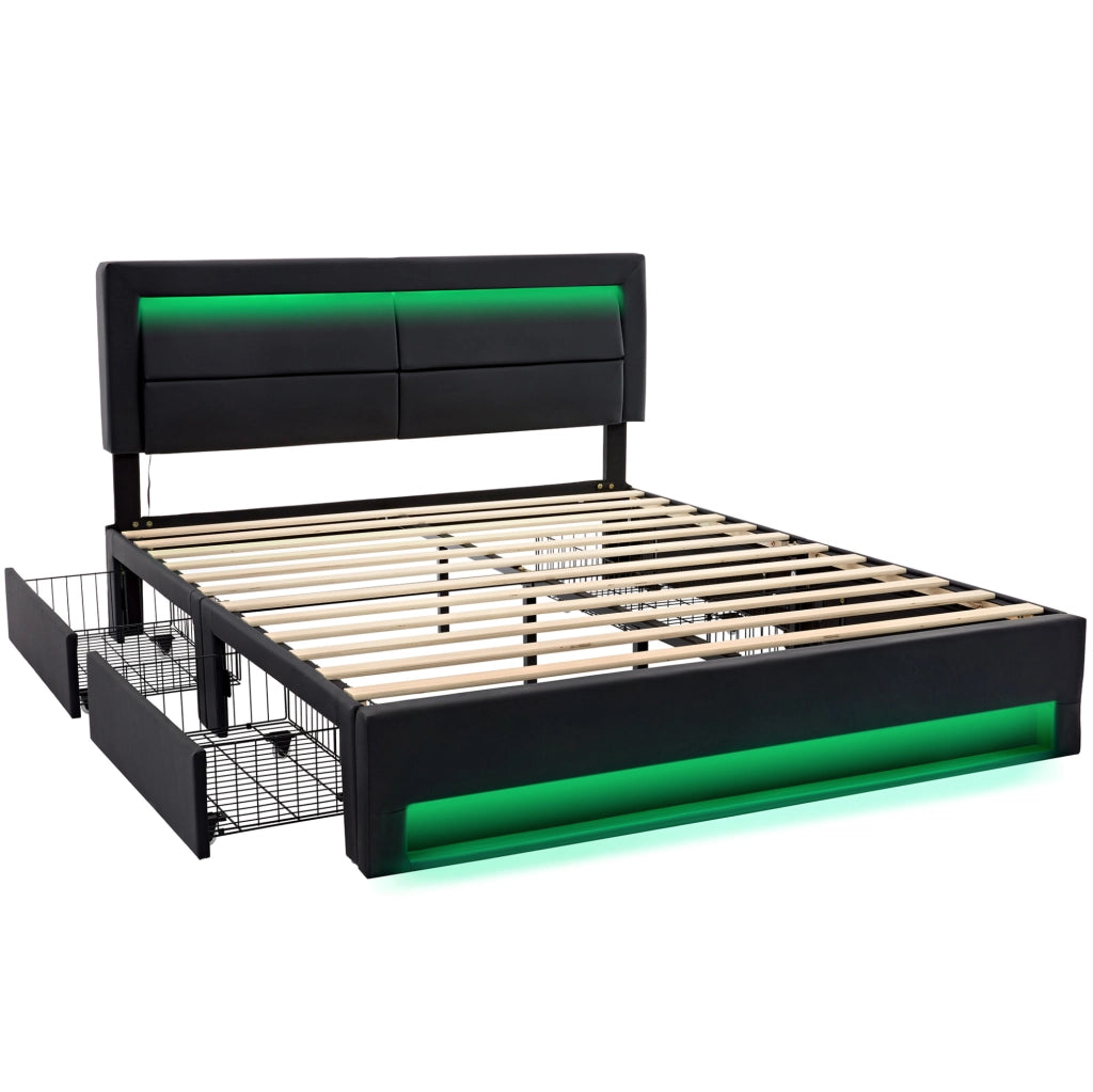 Letto imbottito 140x200 cm in PU nero con USB; LED e 4 cassetti