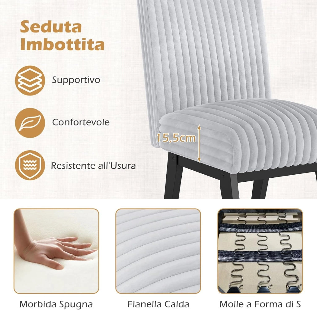 Set di 2 Sedie da Pranzo, Sedie da Cucina in Tessuto con Seduta Imbottita, Gambe in Legno di Gomma e Schienale Capitonné a Canali, Sgabelli Senza Braccioli per Soggiorno e Sala da Pranzo