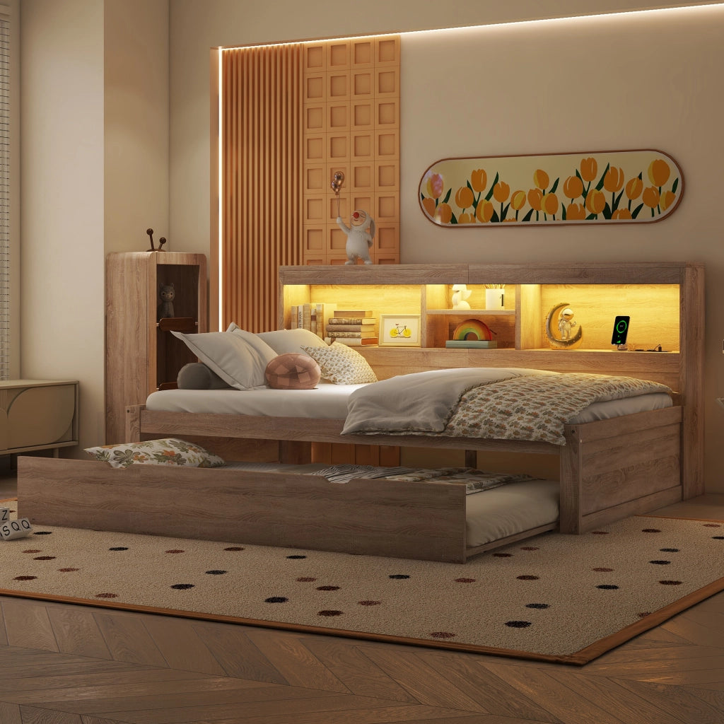 Letto singolo estraibile 90x200 cm con luce ambiente, presa e USB, finitura naturale, senza materasso