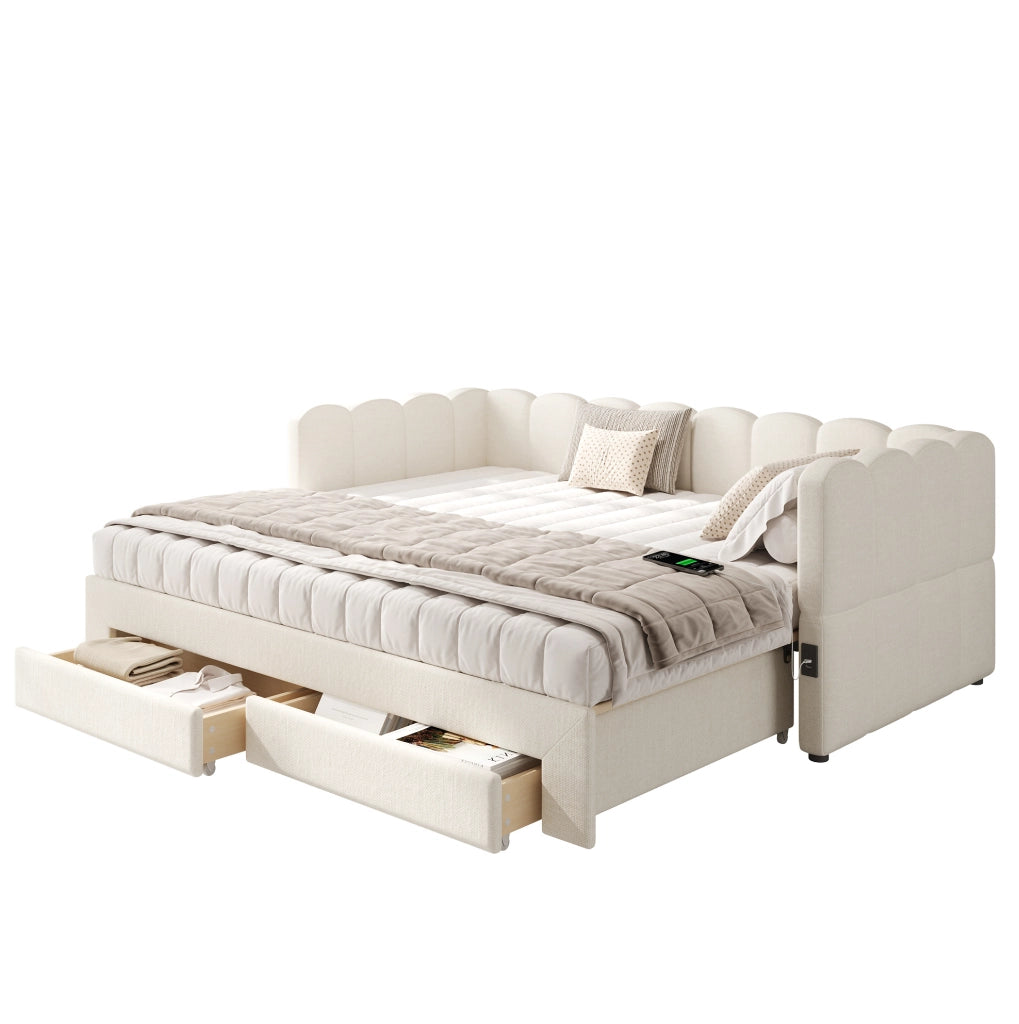 Letto daybed estraibile 90x190 cm in lino beige con 2 cassetti; USB e Type-C