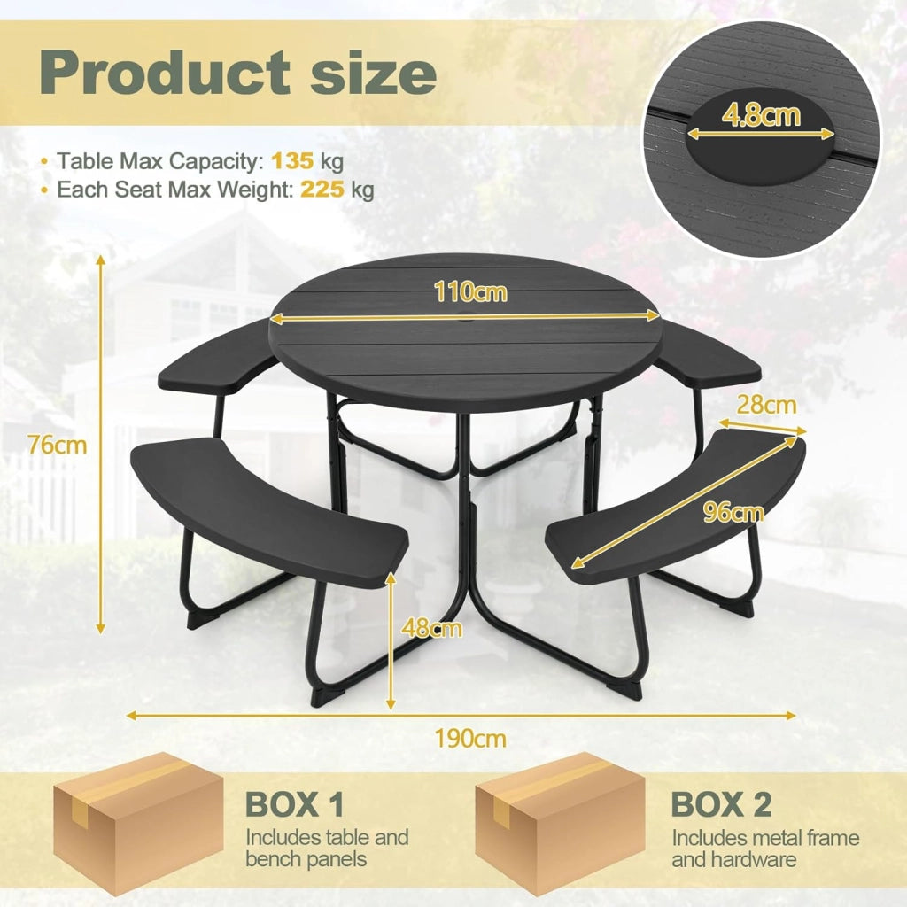 Set da Giardino e Picnic per 8 Persone, Tavolo Rotondo con 4 Panche Integrate, Tavolo da Birra in HDPE Impermeabile con Foro per Ombrellone, Arredamento da Esterno per Giardino e Terrazzo