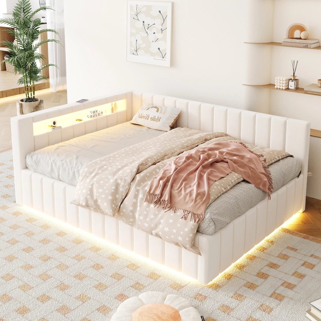 Letto imbottito 140x200 cm; contenitore idraulico; LED e USB; velluto; beige (Senza materasso)