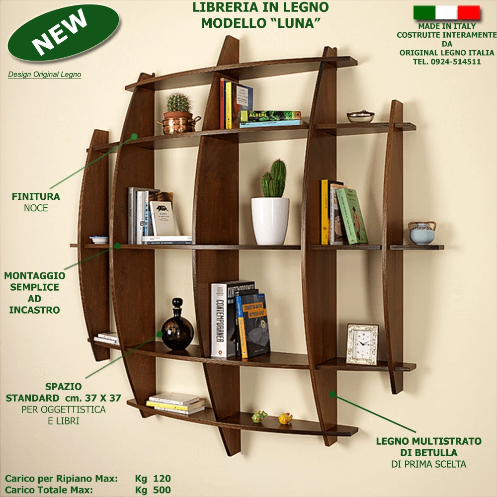 LIBRERIA MENSOLA SCAFFALE IN LEGNO MODELLO LUNA CON 5 RIPIANI FINITURA NOCE L.150  x P.30 x H.150 MADE IN ITALY ORIGINAL LEGNO ITALIA