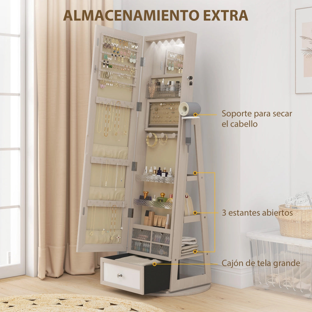 Specchiera Portagioie con LED ¨C Xylo ¨C Rotazione 360¡ã Cassetto con Serratura Naturale