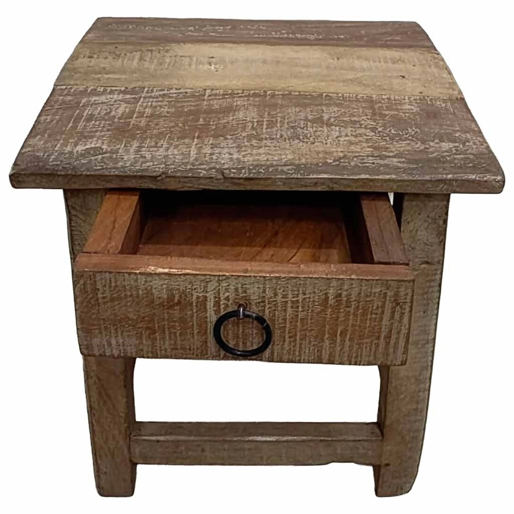 Sgabello con cassetto in legno con finitura artigianale marrone 25x25x29 h cm