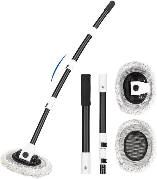 Autowasborstel Telescopica 15° di Curvatura, 90 gradi di Rotazione, 160cm con Steel Telescopico, 2 x Teste a Martello, per Camper, SUV, Autocarro