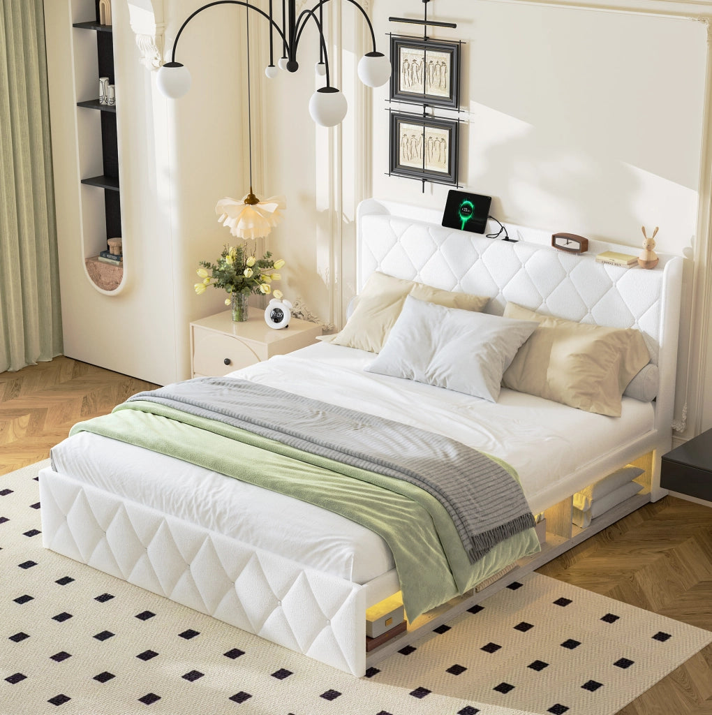 Letto 160x200 cm con ricarica USB e LED in teddy bianco