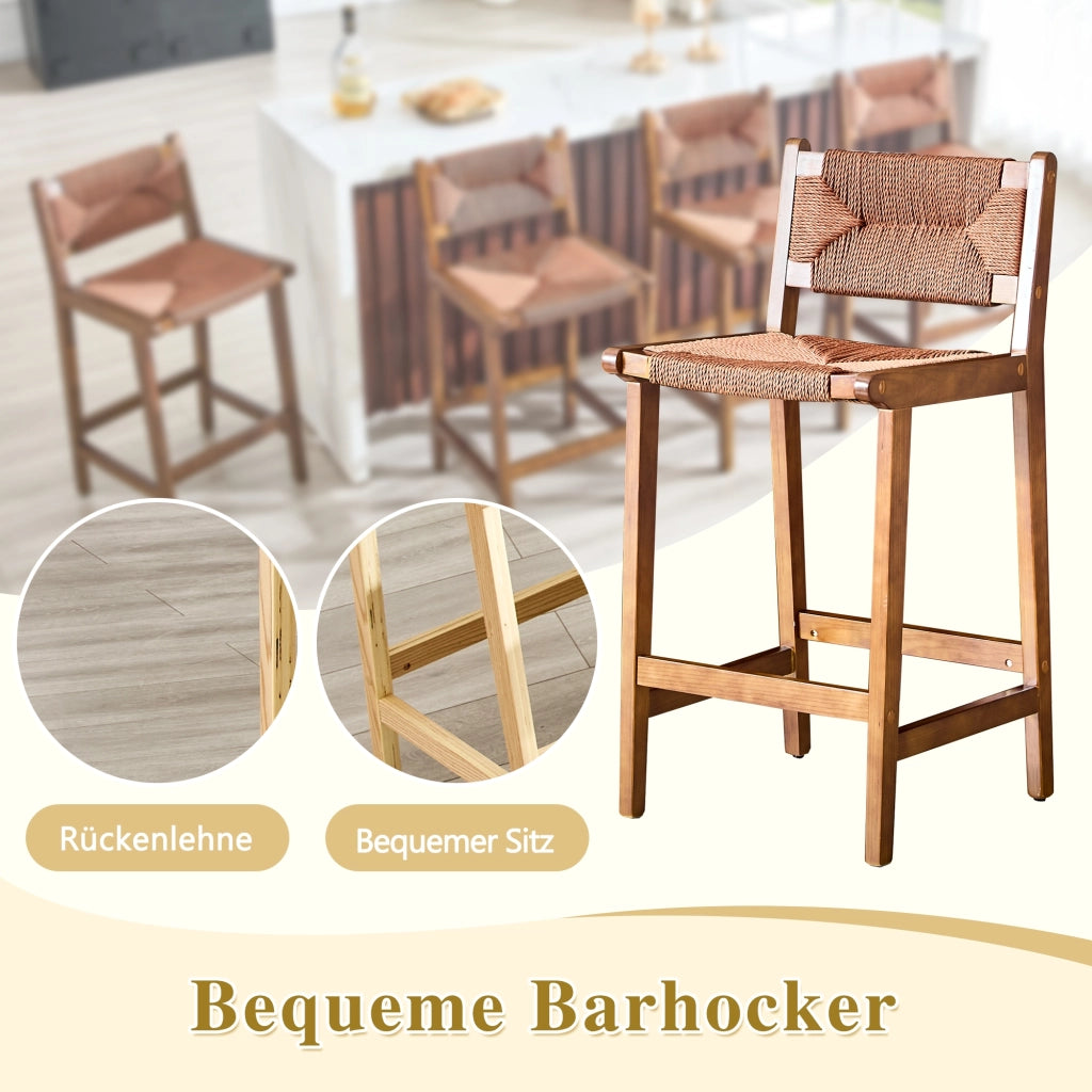 Sgabello da bar set di 2 in legno massiccio con schienale curvo e seduta in corda intrecciata per cucina noce