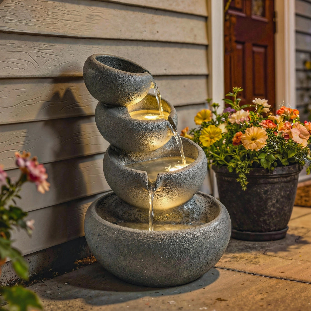 Fontana da giardino a cascata in resina con LED ¨C zephmum ¨C effetto pietra 35x32x50 cm